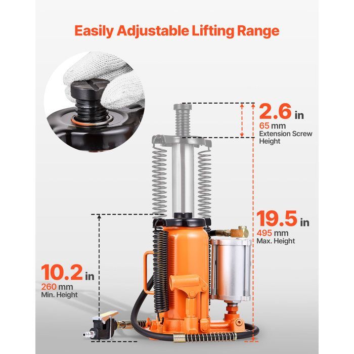 Gato hidráulico y neumático de 20T - Duoku - Herramienta de elevación de vehículos con un rango de elevación de 26 a 49,5 cm - Equipado con bomba - Naranja