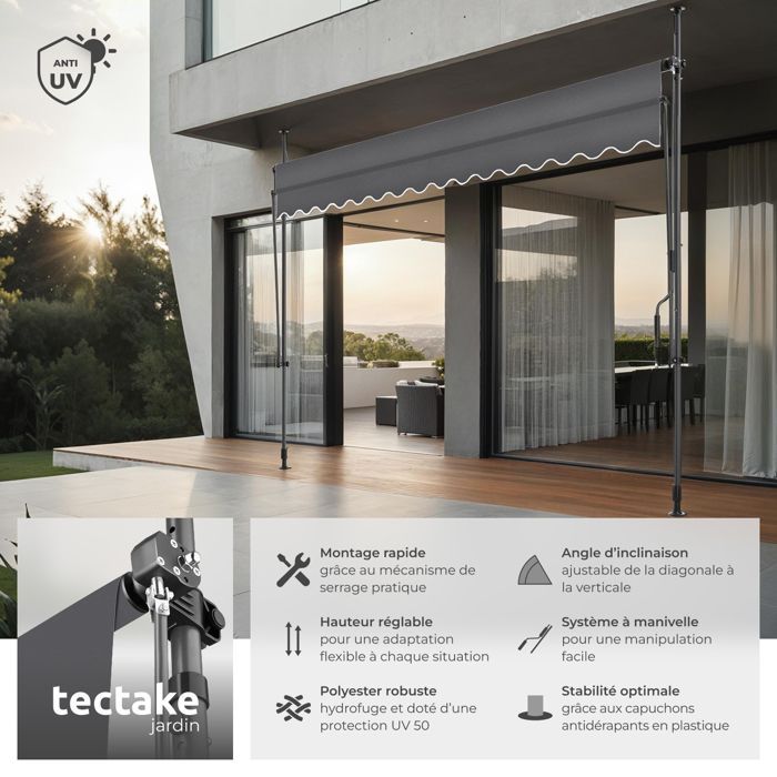 Tenda da giardino - TECTAKE - Tenda a clip senza foratura, con manovella per la regolazione dell'altezza - Nero/Grigio - 350 x 180 cm
