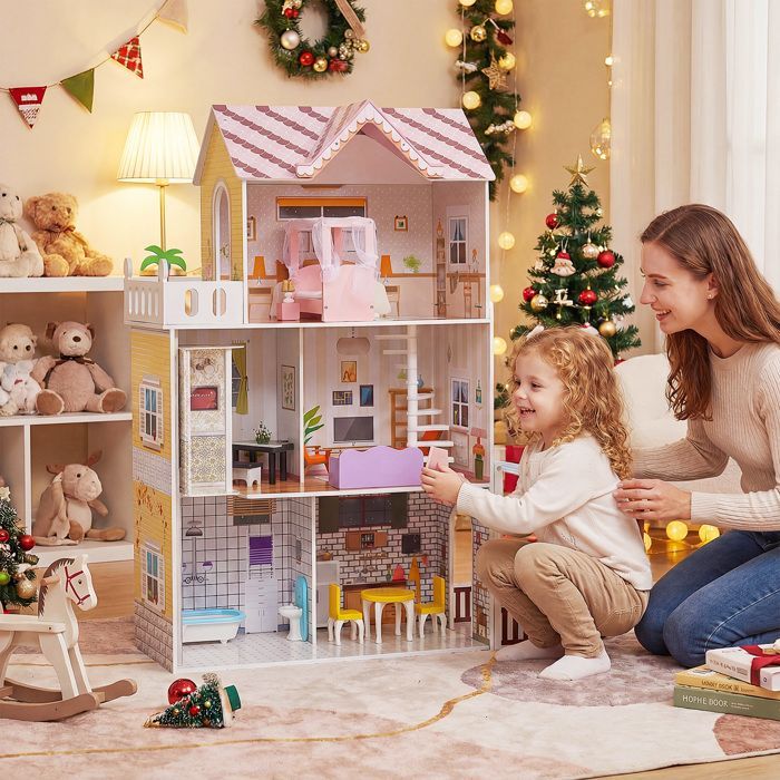 Casa de muñecas de madera COSTWAY - 16 accesorios con 3 pisos para niñas y niños de 3 años en adelante. 102 x 34 x 120,5 cm (largo x ancho x alto).