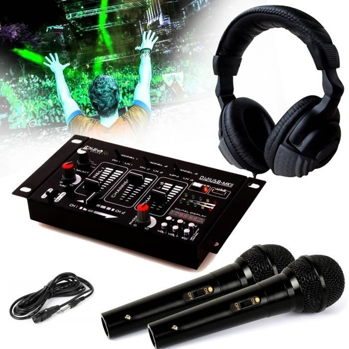Cuffie da DJ + mixer audio IBIZA DJ21-USB-MKII + 2 microfoni dinamici neri