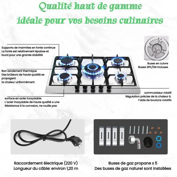 Plaque de Cuisson Gaz 5 Feuxs, Plaque Gaz Inox 68 cm,Cuisinière à Gazs 5 Brûleurs Encastrable,10480W,Sécurité Thermocouple