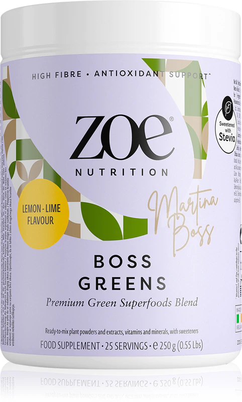 Suplemento alimentar em pó ZOE Boss Greens para uma sensação de bem-estar.