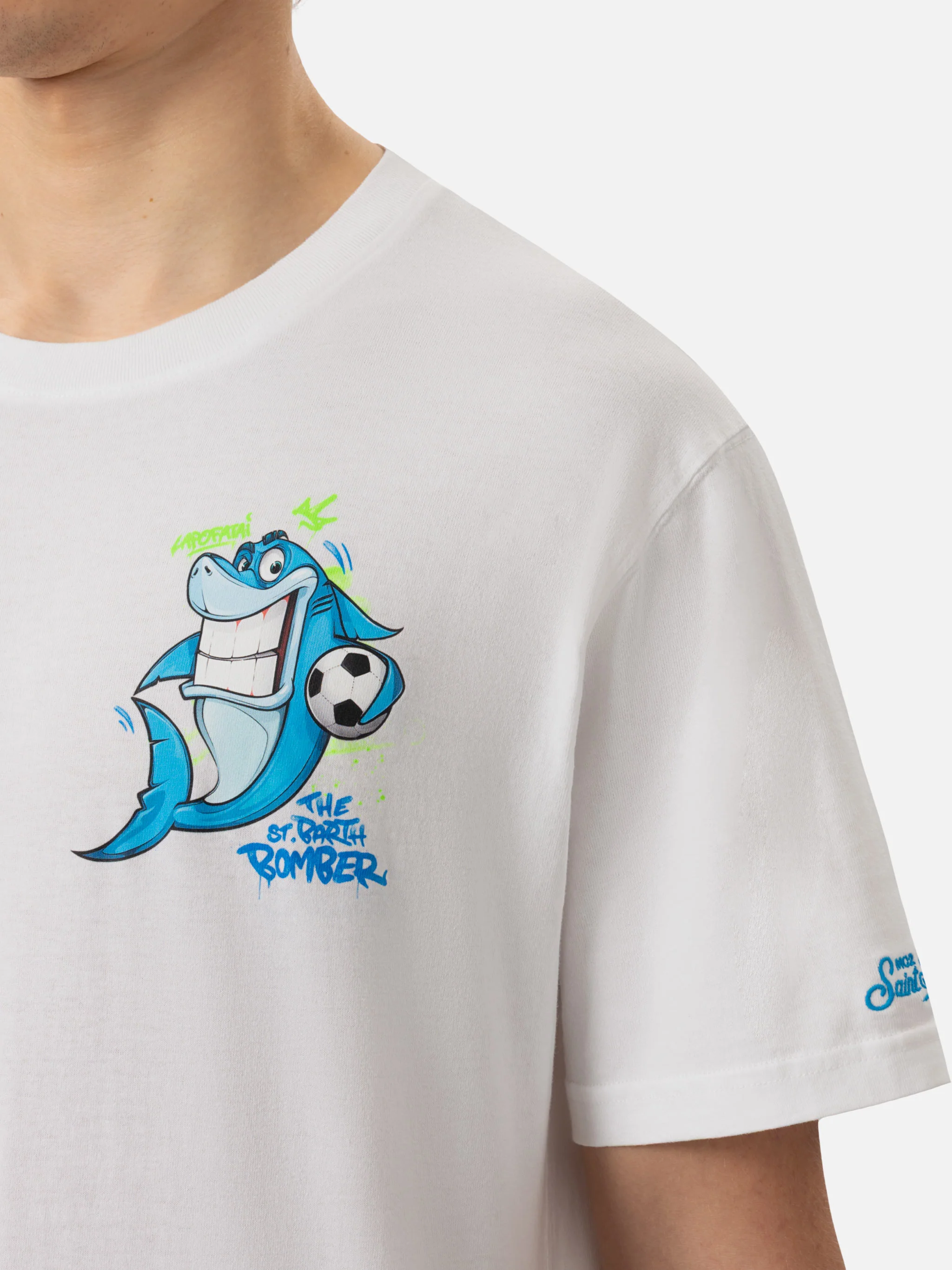 Heren katoenen T-shirt met Cryptopuppets Shark Bomber-print | CRYPTOPU