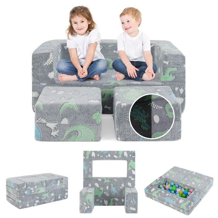 Sofá modular fosforescente COSTWAY para 2 niños, diseño plegable 3 en 1, funda de franela extraíble, 100 x 50,5 x 40 cm, gris.