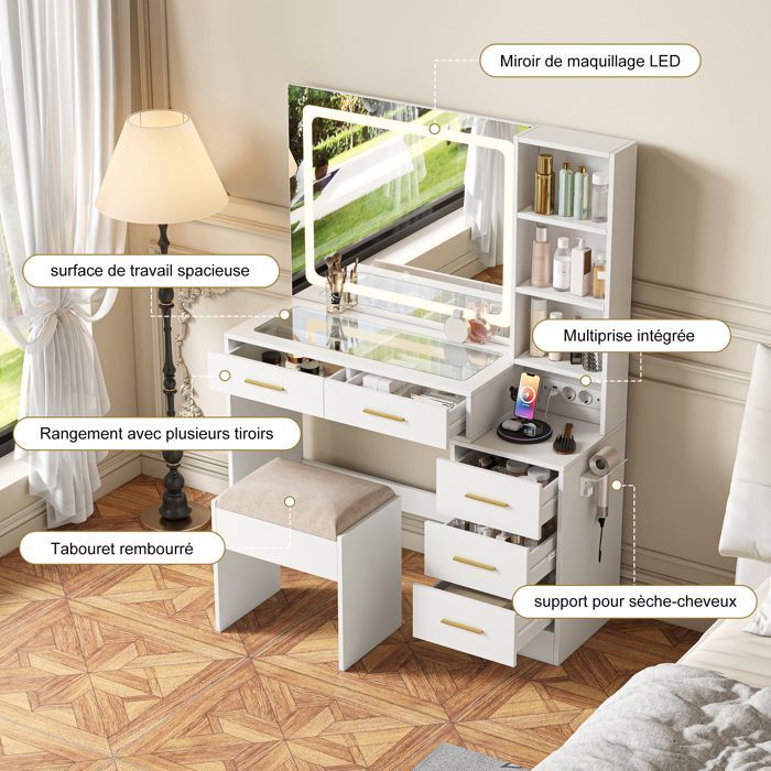 Penteadeira - Penteadeira moderna de 140 cm - LED ajustável - Tomada e porta USB - 5 gavetas