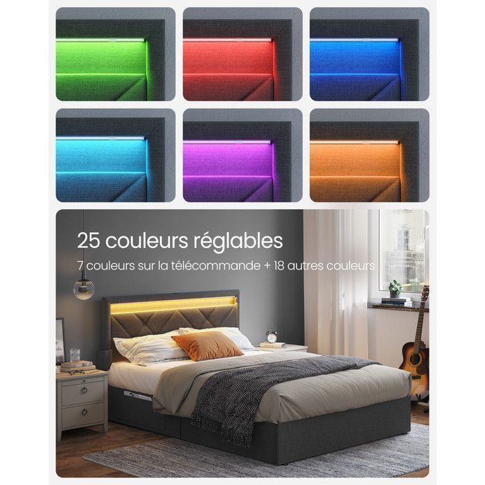 Lit Complet Double, 140 x 190 cm, avec LED, 4 Tiroirs, Multiprise, Tête de Lit Ajustable, Pas Besoin de Sommier, Gris et Noir