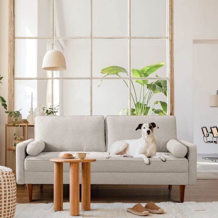 DRIPEX Canapé 3 Places Style Contemporain en Tissu Beige avec 2 coussins ,pieds bois massif ,Fauteuil Moderne 77x173x84cm