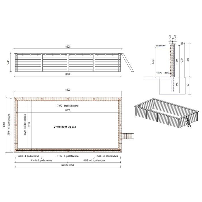 Piscina de madera Aqua de 8,5 x 4,35 m - 1,45 m de profundidad - con fijaciones para enterramiento - BAS7309OSPI