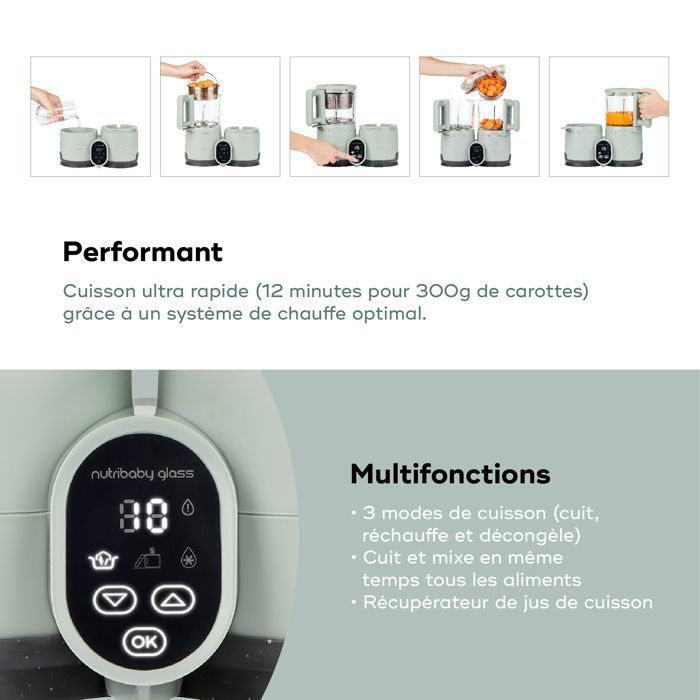 Babymoov Nutribaby Robot da cucina in vetro per alimenti per neonati - 4 in 1: cuoce a vapore, frulla, scongela, riscalda