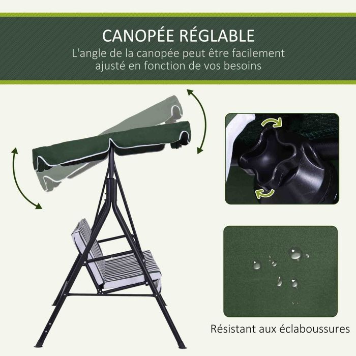 Columpio de jardín Outsunny - 3 plazas - toldo con inclinación ajustable - cojines para asiento y respaldo - 172 x 110 x 153 cm - verde