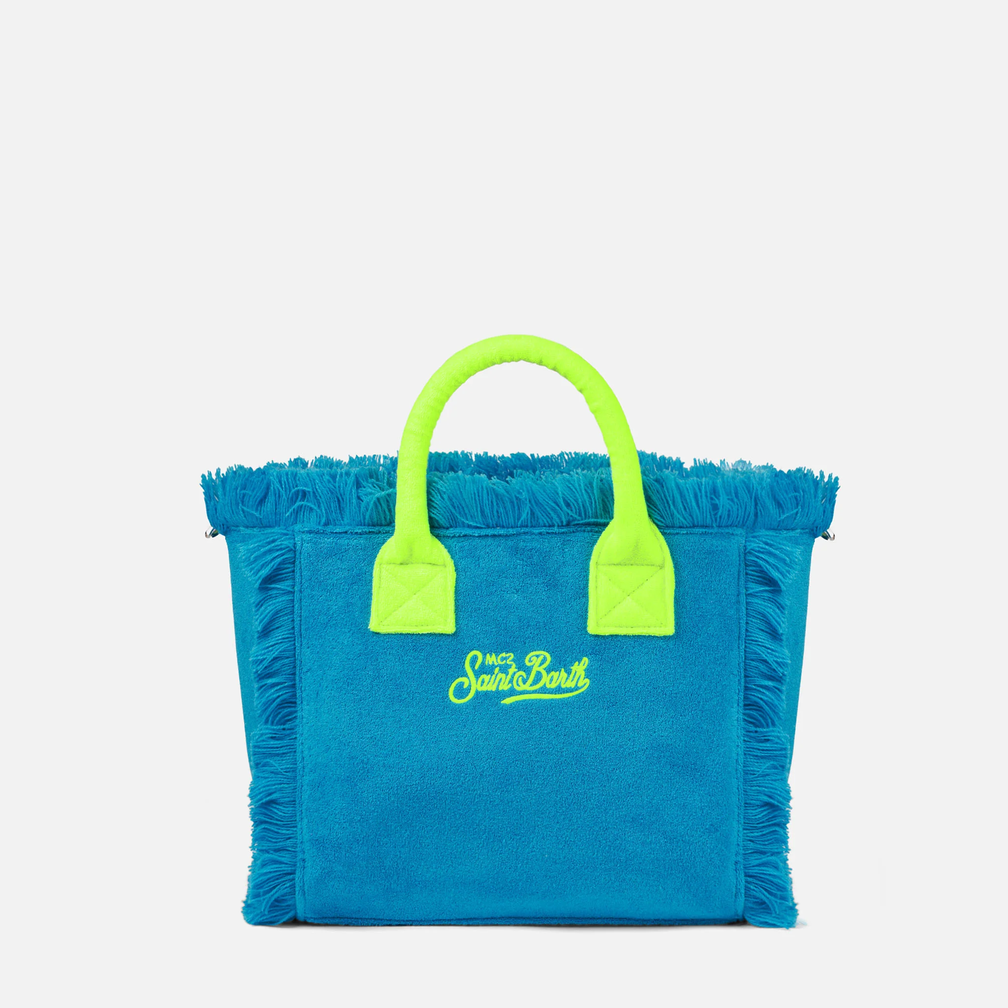 Colette turquoise badstof handtas met franjes | Geel Saint Barth-logo | Binnenklep met metalen ritssluiting | Binnenvak met ritssluiting | 100% katoen