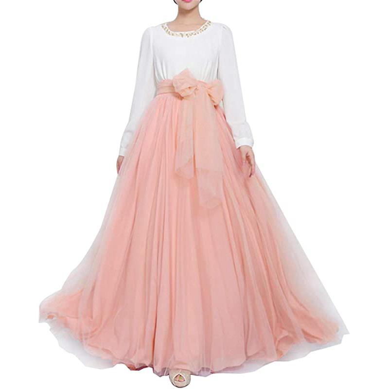 Jupe longue maxi bouffante en tulle pour femme, coupe trapèze, ceinture à nœud papillon, taille haute, idéale pour une soirée de mariage.