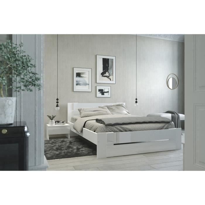 Cama para adultos PARISOT - Estilo contemporáneo - Decoración en blanco y blanco brillante - 140 x 190 cm - EDEN