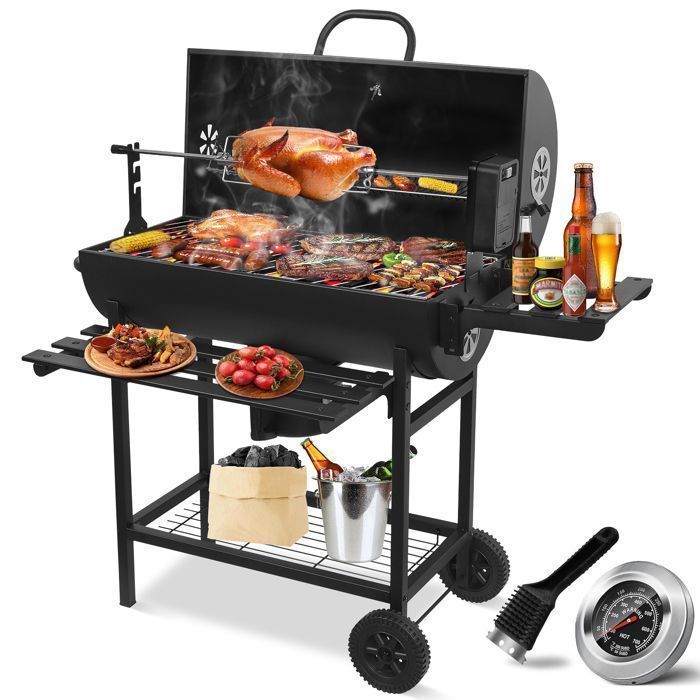 Barbecue Charbon de Bois avec Tournebroche Électrique, Chariot avec Couvercle,Thermomètre, 2 Tablettes Pliantes, Tiroir à Cendres