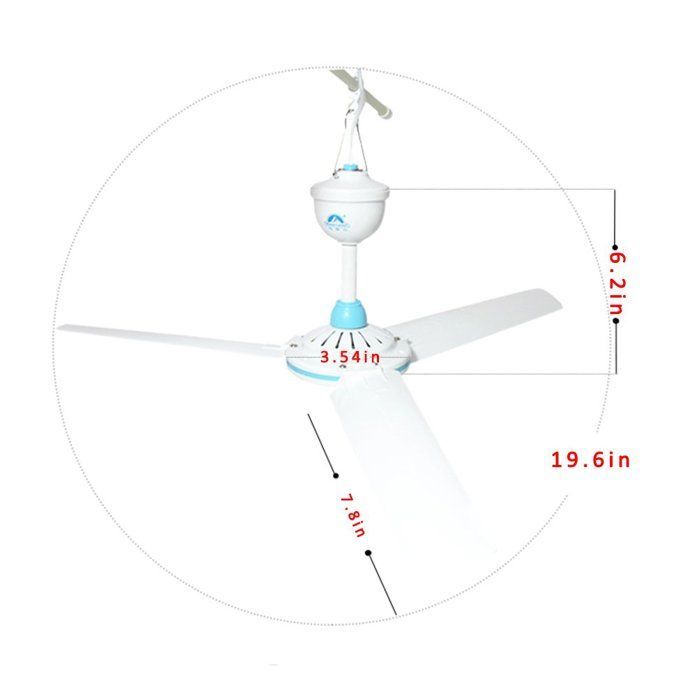 Ventilateur de plafond portable silencieux 12V DC–Mini suspendu pour camping, gazebo, chambre ou dortoir–Blanc et bleu