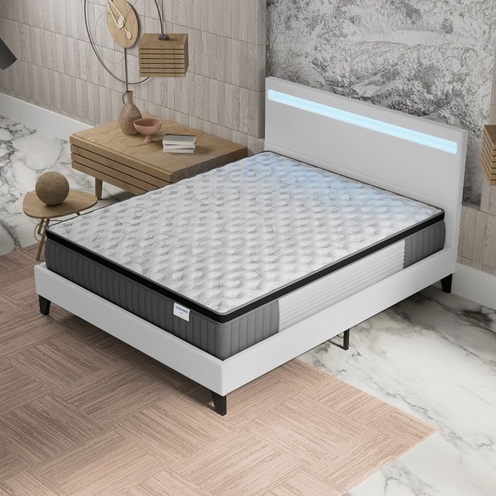 Colchón y cama (140x200cm) - Elekctra 30cm Muelles ensacados y espuma viscoelástica + Base de láminas estable y cabecero LED Blanco