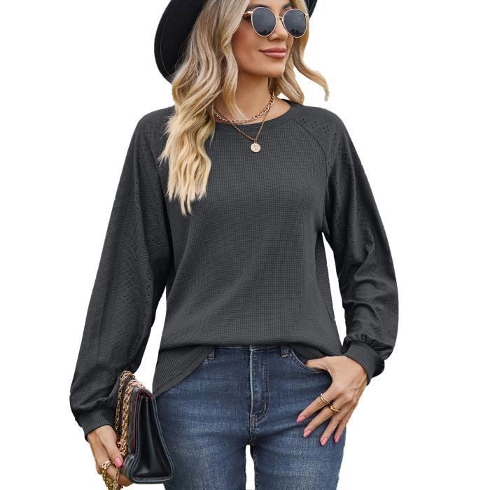 Pull Femme Manches Longues Col Rond Pullover Lâche Confortable Couleur Unie Pour Printemps Et Automne - Taille EU - Gris Fonce
