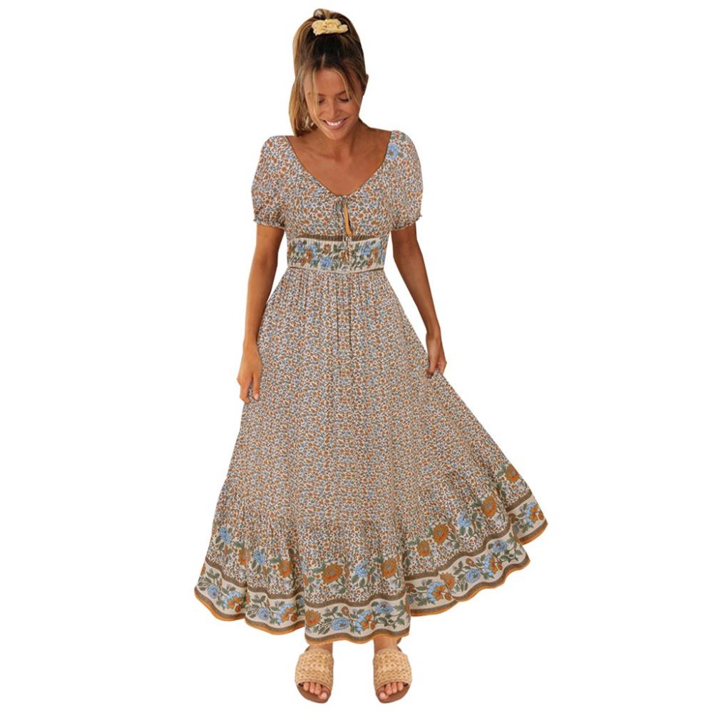 Abito da spiaggia da donna in chiffon con stampa floreale, sexy, con scollo a V, abito lungo da festa, elegante, vintage, con volant, abito estivo casual #3