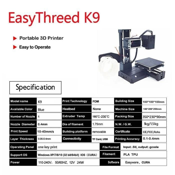 BAZARLAND30.Imprimante 3D K9 pour Débutants, Mini Machine d'Impression 3D, Faible Bruit, Compatible avec WiPrintPLA TPU, 1.75mm