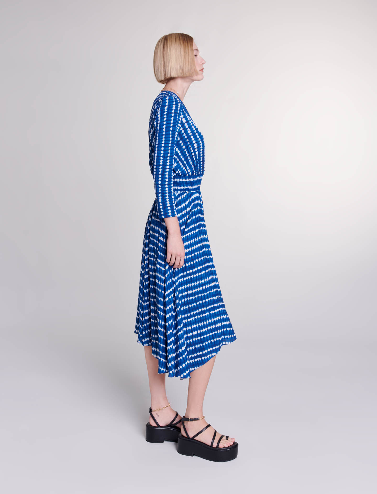 Lange asymmetrische jurk - tie-dye print - blauwe druppel