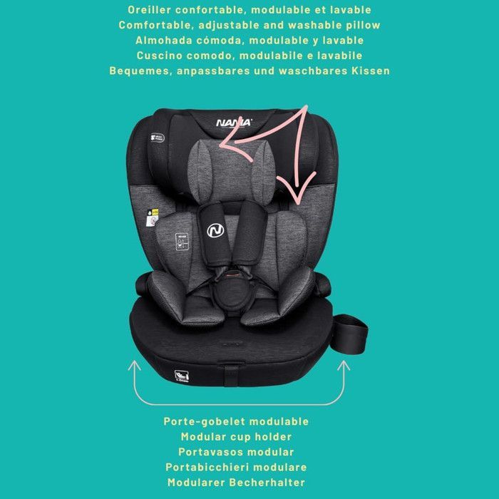 Siège auto enfant Nania  i-Size 76 -150 cm-Groupe 1/2/3 de 9 à 36 kg, 15 mois à 12 ans, Têtière ajustable- porte gobelet modulable