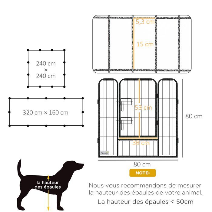 Parc enclos pour animaux - PawHut - modulable acier époxy porte verrouillable - pour chiens, petits animaux - 80 x 80 cm gris