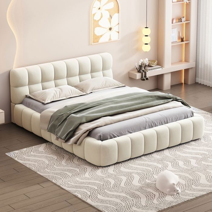 Cama tapizada de 140 x 190 cm, estructura de cama para 2 personas, cama de adulto, cama a ras de suelo, base de láminas, lino, beige