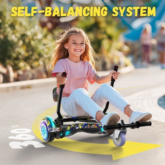 Hoverboard with integrated seat, 6.5 inches with Bluetooth speaker and LED lights for children (including pedal kart), Yellow