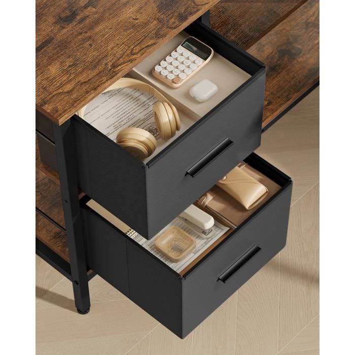 Bureau, Forme en L, avec 2 Tiroirs Spacieux et Support pour Écran, Étagère Réglable, Longueur 135 cm, pour Bureau, Marron Rustique