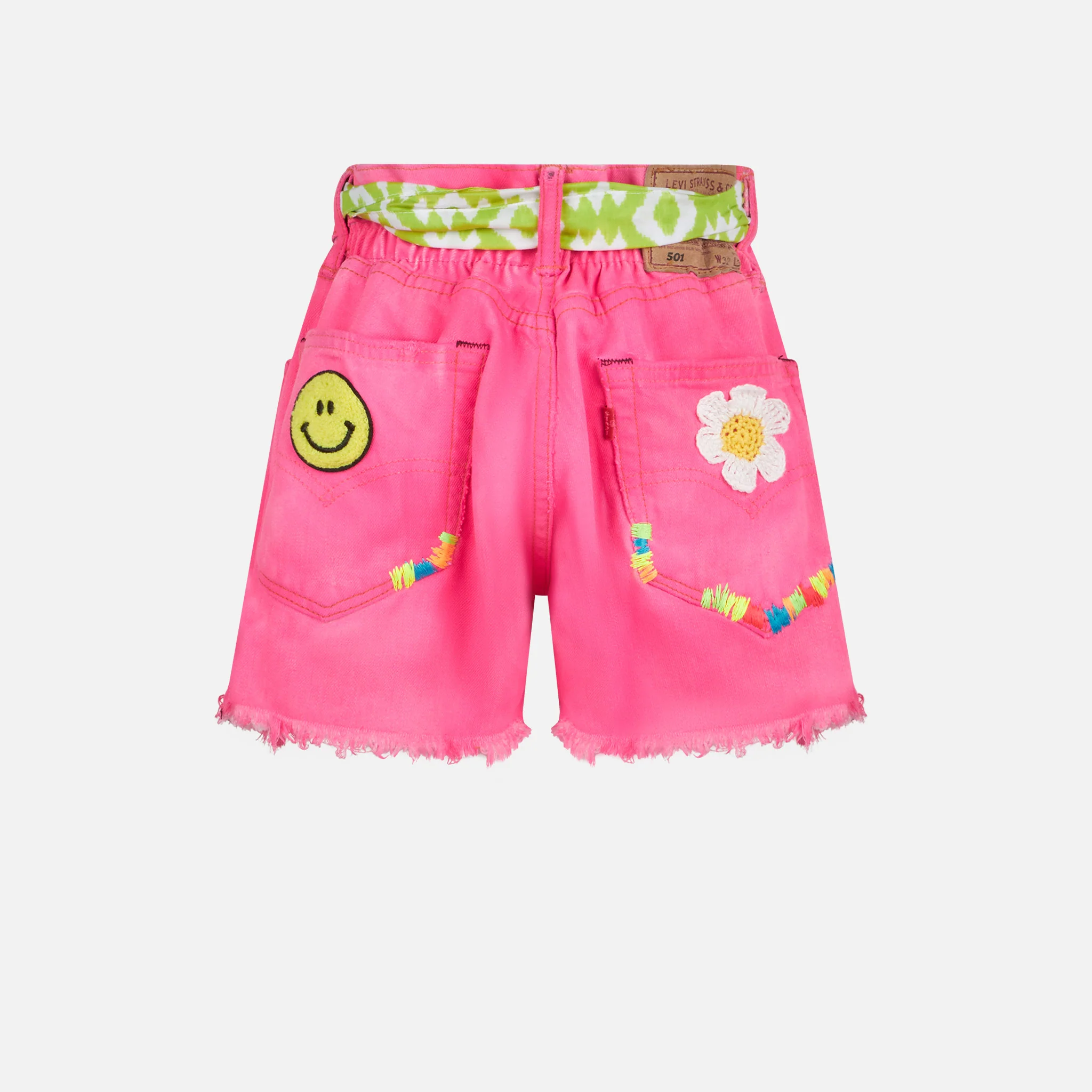 Neonrosa jeansshorts i återvunnet material med broderi för flickor