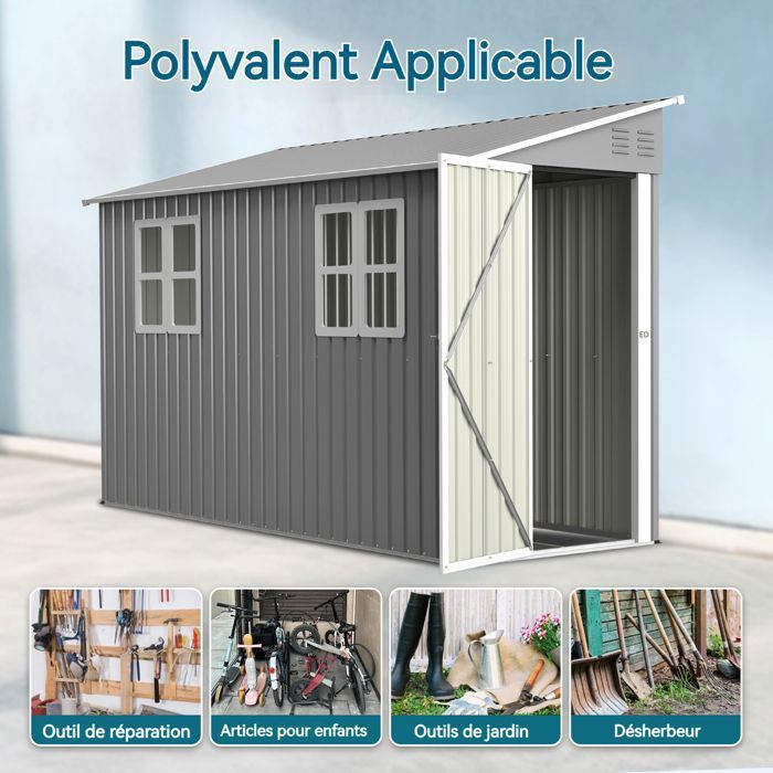 Caseta de jardín metálica robusta WELLTIN de 2,91 x 1,08 m con suelo, cobertizo adosado, puerta reversible y 2 ventanas.