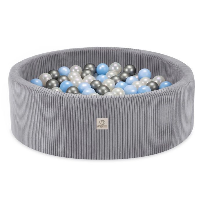 MISIOO Piscina di palline rotonda in velluto a coste per cameretta di neonati e bambini, grigia, 90x30 cm, 300 palline: Blu/Argento/Bianco perla