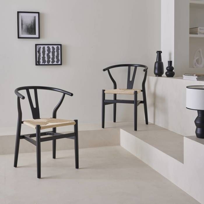 Set aus zwei Vintage-Stühlen aus schwarzem Gummibaumholz mit Seilsitzen und abgerundeten Rückenlehnen