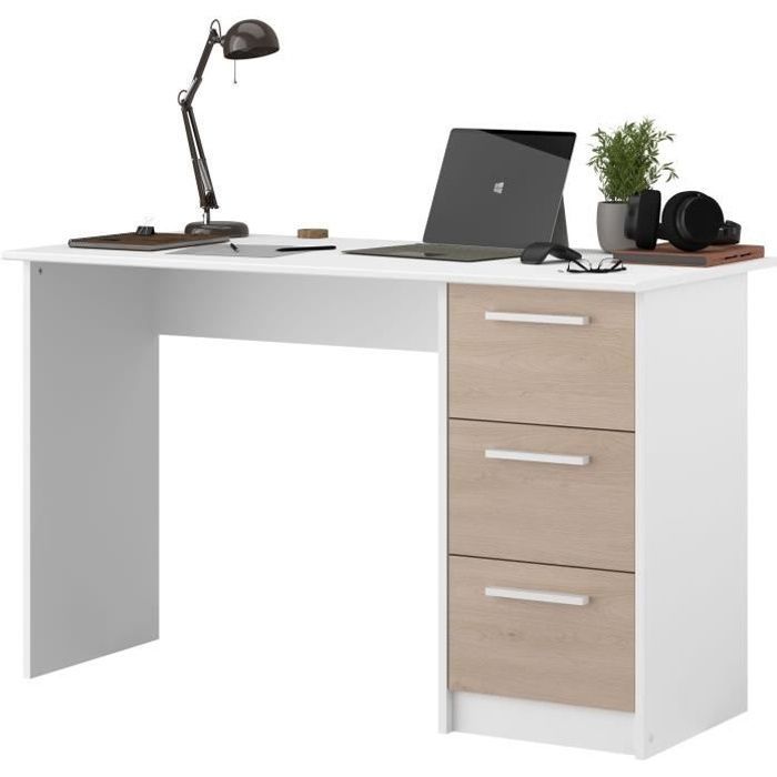 ESSENTIEL Straight Desk - 3 Drawers - Oak and White Finish - W 121.2 x D 55 x H 74.5 cm - PARISOT