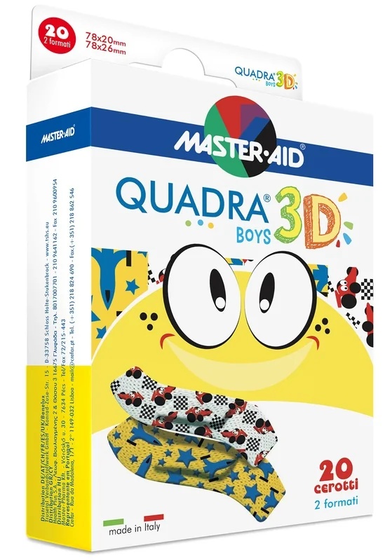 Pansements non tissés résistants Master Aid Quadra 3D pour garçons, de couleurs variées, 20 pièces