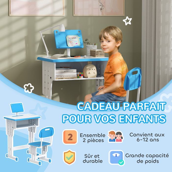 Escritorio y silla infantil HOMCOM con atril de lectura, compartimento de almacenamiento, gancho y portalápices - altura regulable - 60 x 45 x 90-102 cm