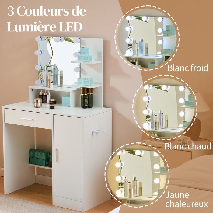 Coiffeuse avec  Miroir LED 3 Couleurs Réglables, Tiroirs et Porte, 80x40x130 cm, Blanc
