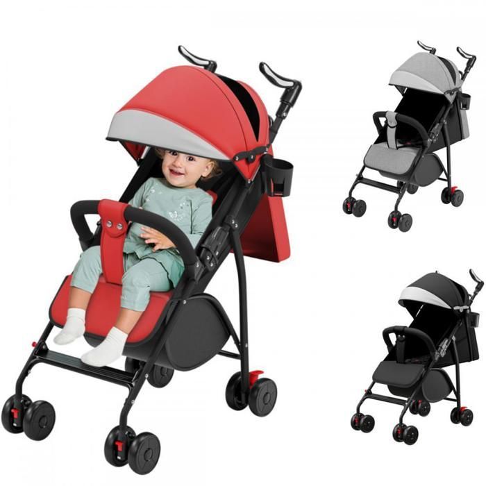 XUANYU Stroller - Up to 22 kg, Reclining, Foldable with Cup Holder, Rain Cover, XL Shopping Basket - Red