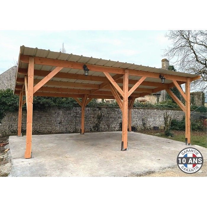 Posto auto coperto per 2 auto in legno di abete di Douglas francese, 23 m² – falda unica – 6 pali – protegge 2 veicoli – garanzia di 10 anni