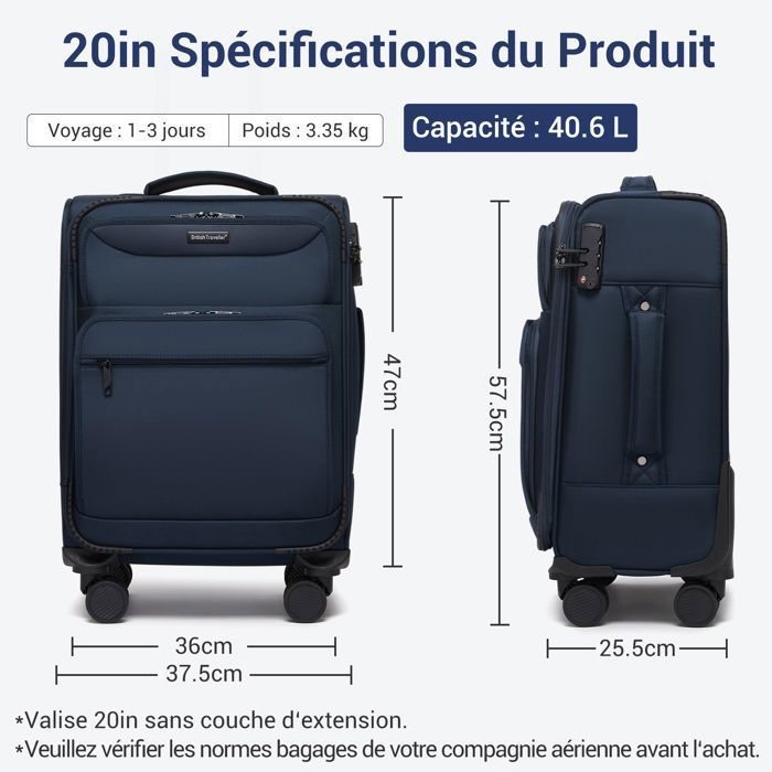 British Traveller Valise Cabine 57.5x37.5x25cm Extensible Souple Bagage à Main Léger avec Serrure TSA et 4 Roues, 40.5L, Marine
