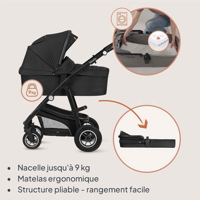 Poussette 3 en 1 LIONELO Bianka -Jusqu'à 22 kg - Pack poussette, Nacelle, Siège auto, sac et accessoires - Noir