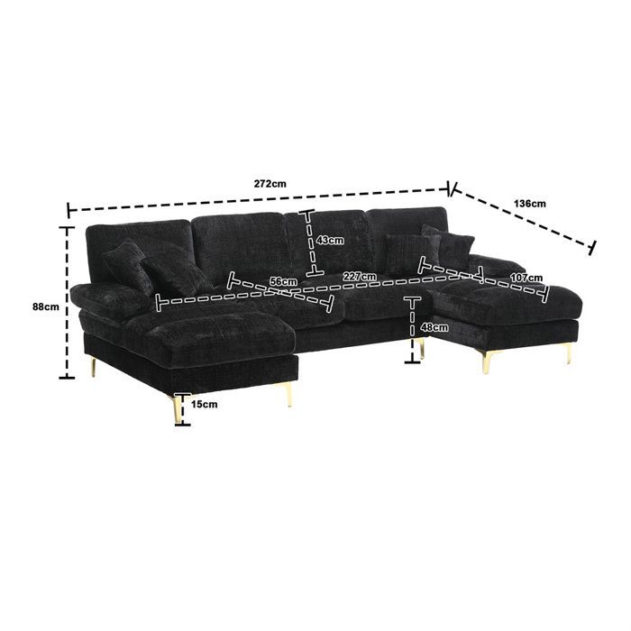 DRIPEX 4/5 Seater Chenille Fabric Sofa, Modern U-Shaped Sofa with 4 Cushions for Living Room, Bedroom, Black