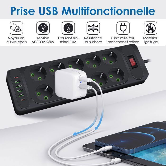 Regleta con interruptor, 10 tomas de corriente, 2500W, con 2 puertos USB-C, 4 puertos USB-A, cable de 2M, para el hogar y la oficina.