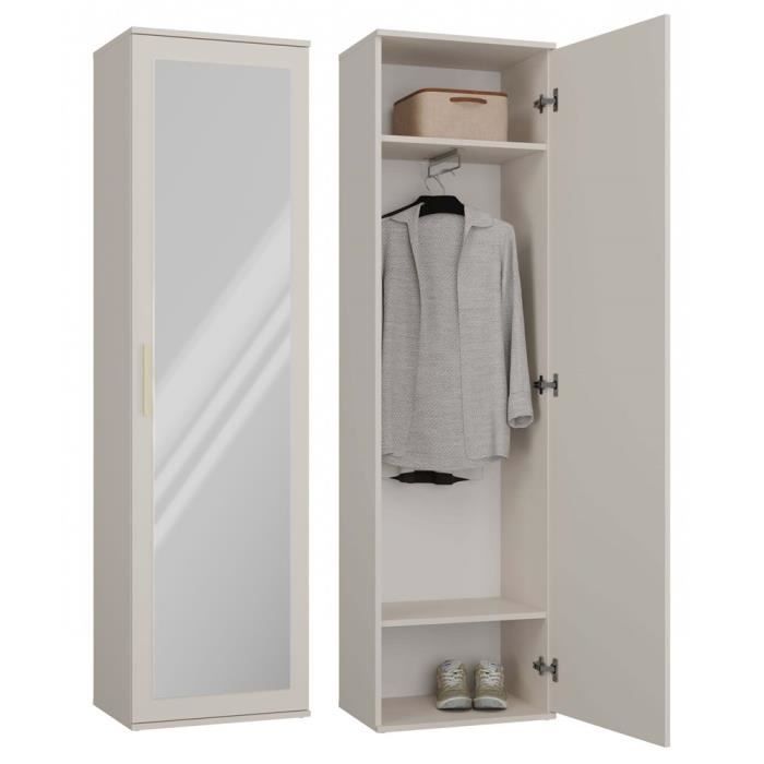 Mueble de recibidor con espejo grande - ATARA - 180x50x35 cm - 2 estantes + barra para colgar ropa - Perchero - Beige