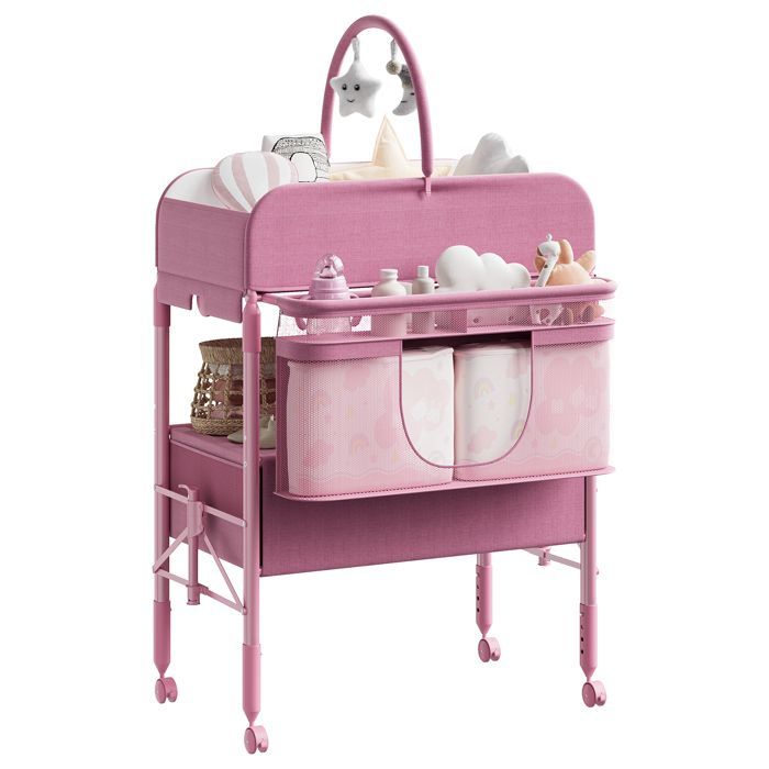 Cambiador portátil con 2 cestas de almacenamiento - Cómoda plegable regulable en altura con ruedas - para bebés - Rosa