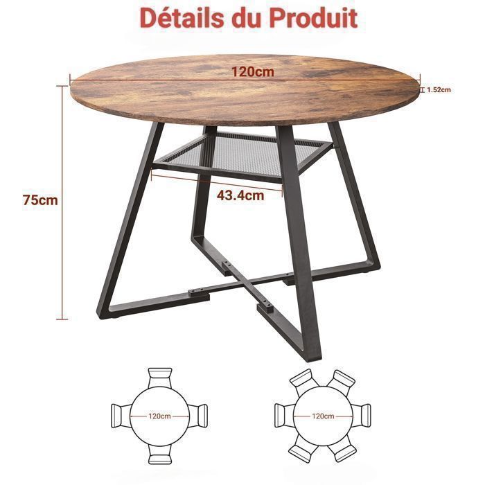 Table à manger ronde 120 x 120 cm, petite table de cuisine, table de salle à manger avec étagère pour 4 à 6 personnes, Marron