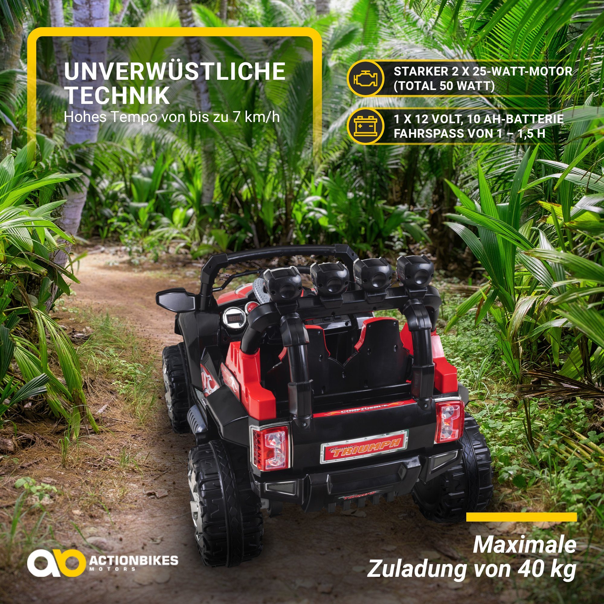 Actionbikes Motors elektrisches Kinderauto Jeep 801 mit Fernbedienung, Tragkraft 40 kg, (2-teilig), Offroad-Spielzeug für Kinder ab 3 Jahren – mit automatischer Bremse