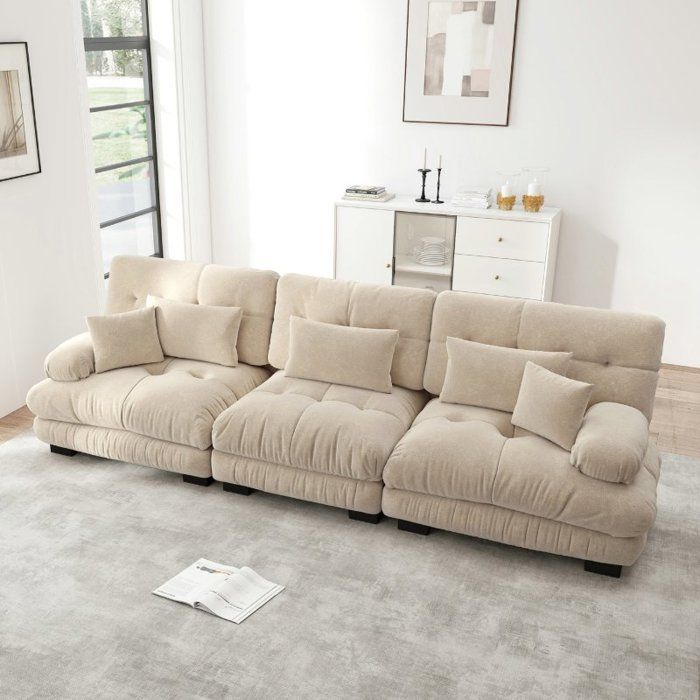 Canapé d'angle modulable - LANGTU - Modulaire 3 places - Assise profonde - Convertible lit - Revêtement chenille marron clair