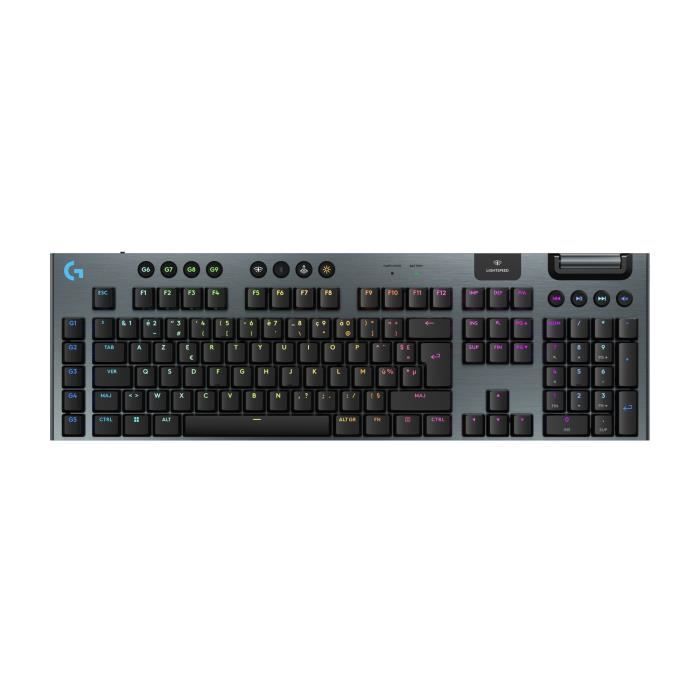Teclado gamer sem fio Logitech G915X com switches AZERTY e clicky, na cor preta.