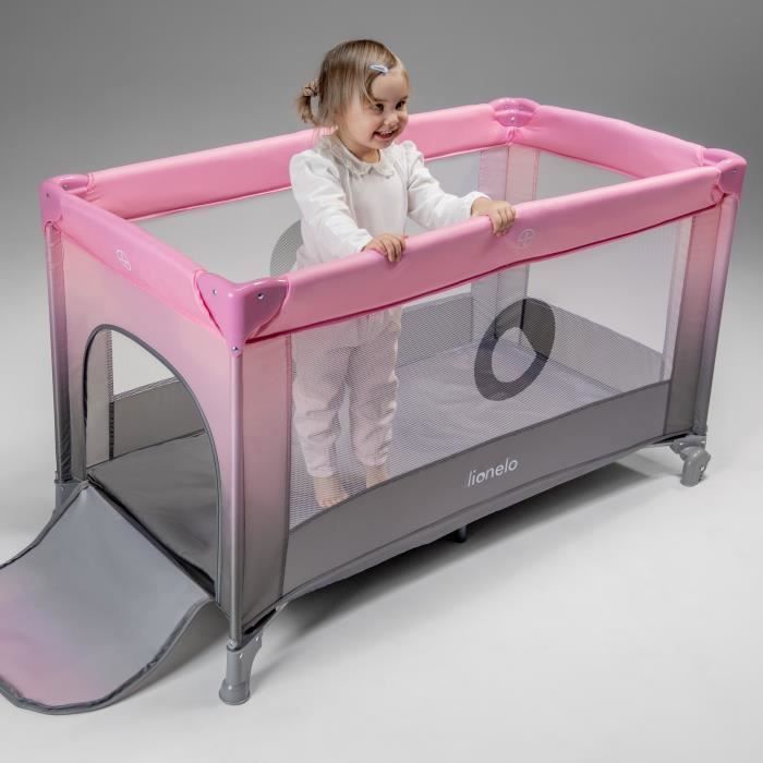 LIONELO Stefi 2-in-1 Kompaktes Reisebett/Laufstall – 0–36 Monate – Inkl. Tragetasche – Schnellfaltbar – 2 Rollen – Rosa